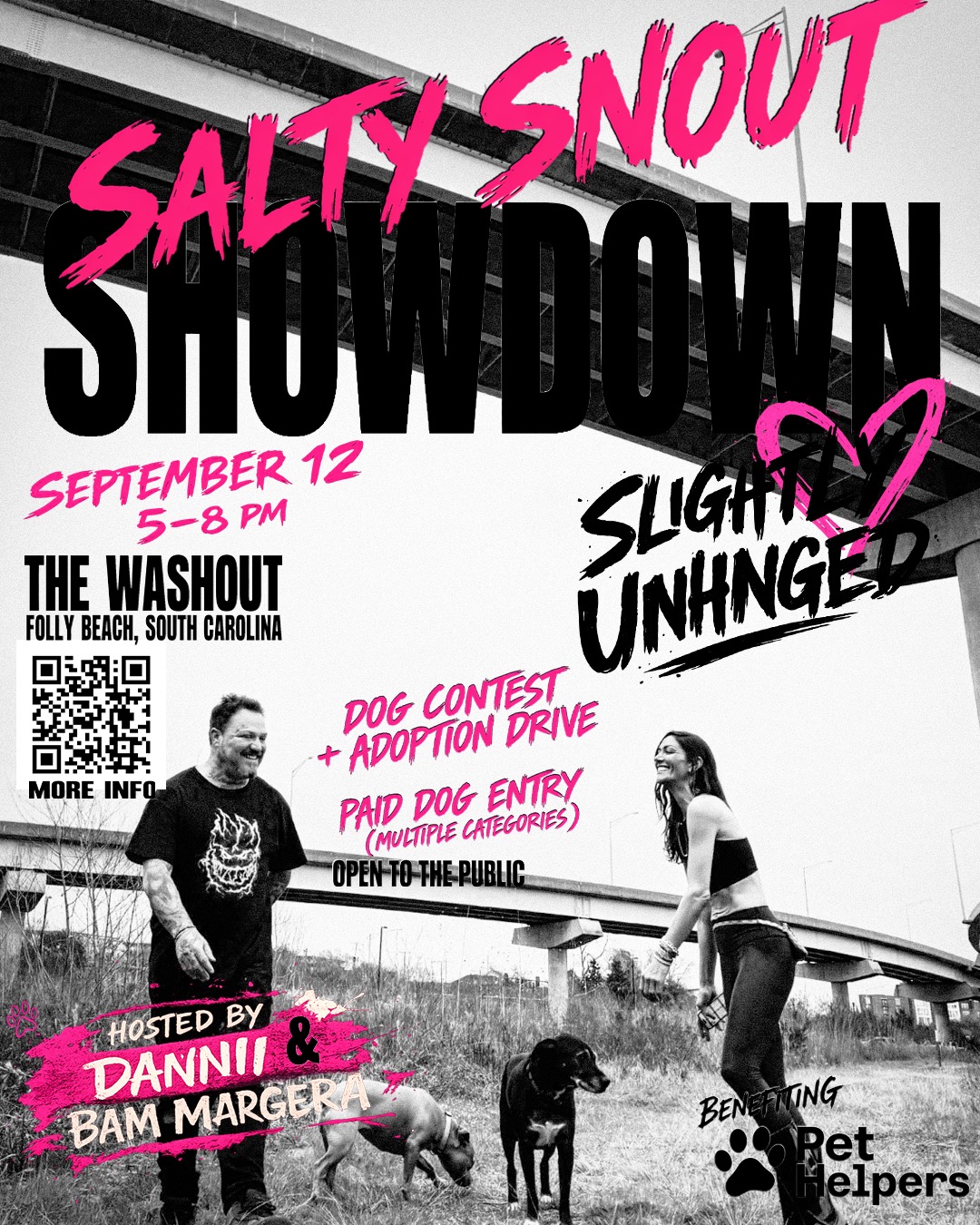 Salty Snout Showdown — September 12, 5–8 PM at The Washout, Folly Beach, South Carolina. Dog contest and adoption drive benefiting Pet Helpers.